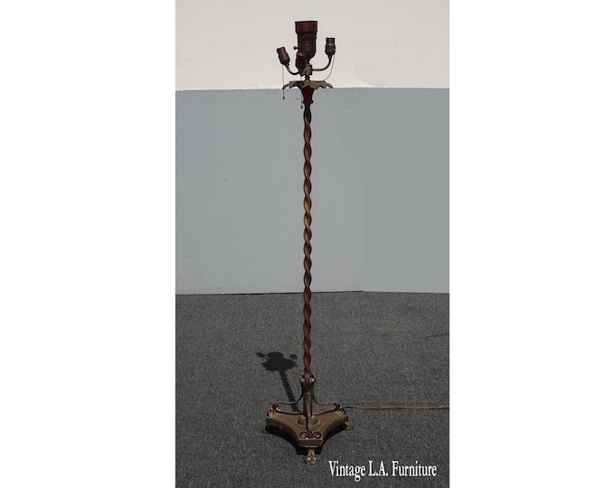 Antique Spanish Style Bronze Barley Twist Floor Lamp w Claw Feet Iron Base Asis