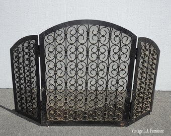 Vintage Spanish Style Ornate Solid Wrought Iron Black Fireplace Screen