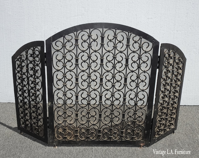 Vintage Spanish Style Ornate Solid Wrought Iron Black Fireplace Screen