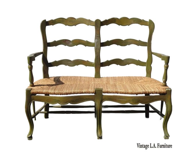 Vintage French Country Green Ladderback Rush Settee Bench