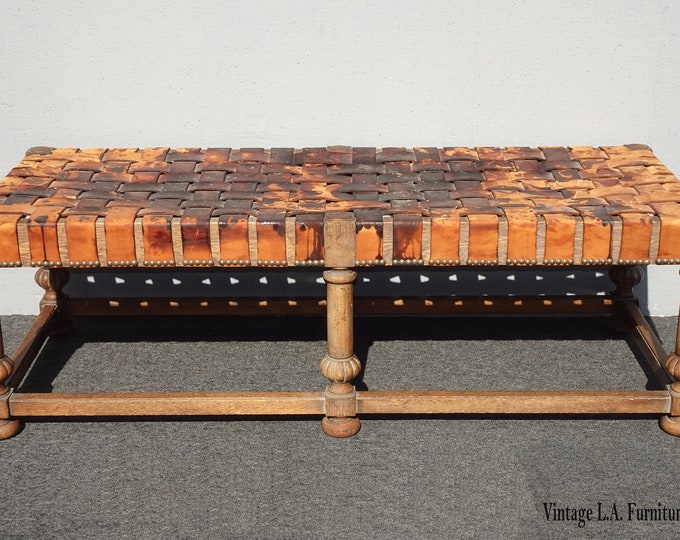 Vintage Heritage French Country Brown Rustic Braided Leather Bench Asis