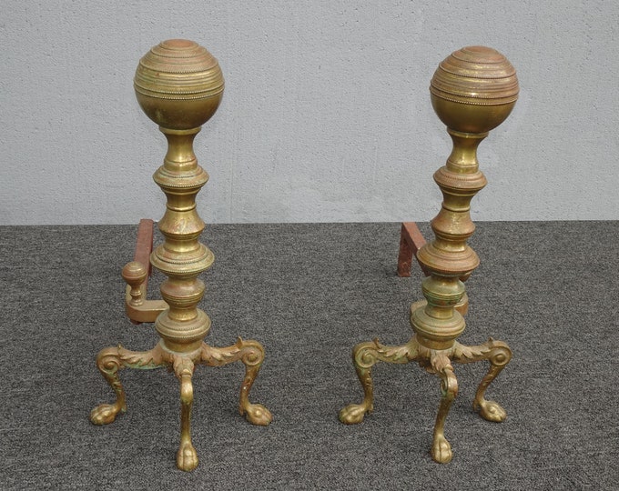 Pair of 23" Tall Large Brass Cannonball Andirons 1960's