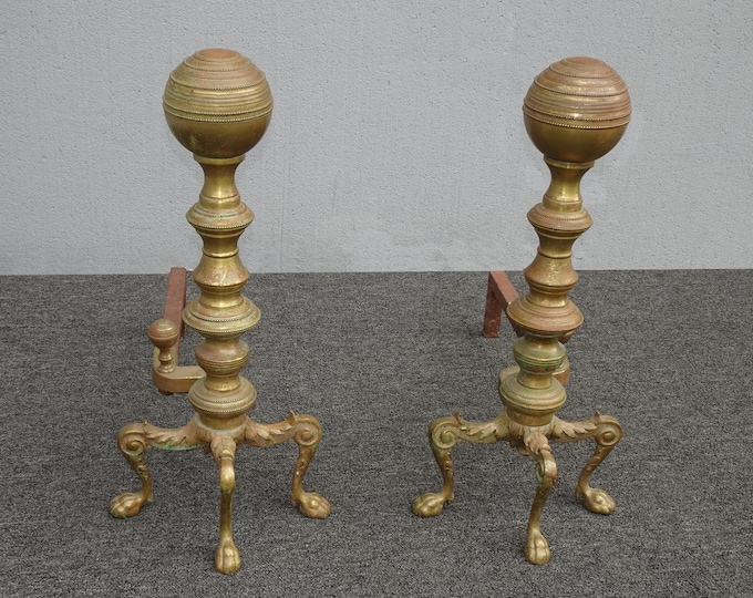 Pair of 23" Tall Large Brass Cannonball Andirons 1960's