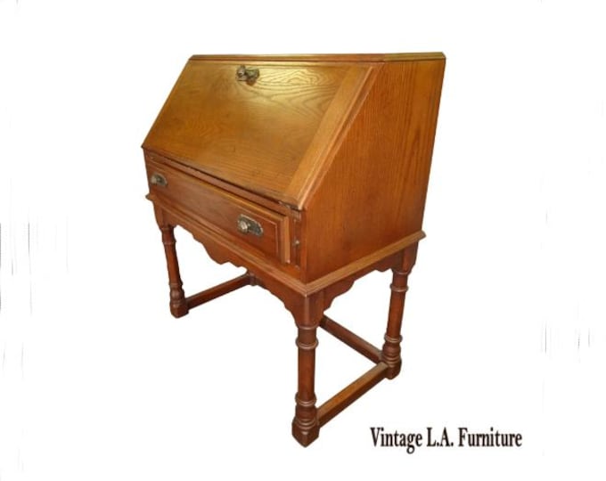 LH25  Vintage French Country Drop Leaf Secretary Desk Solid Oak