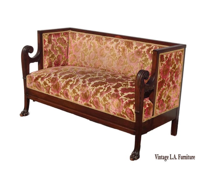 Antinque French Country Biedemeier Settee Sofa w Burgunday Floral Velvet