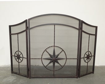 Vintage Iron Fireplace Screen w Star Logos & 3 Panels Southwestern Cowboy Style