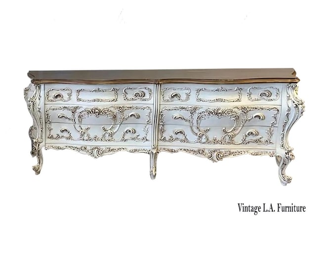 Vintage Ornate Rococo Dresser French Italian Louis XVl White Bombe Chest Dresser