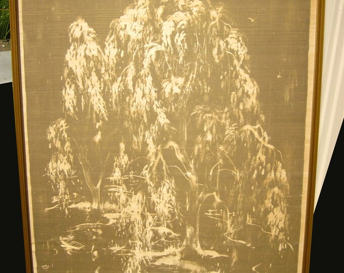 Vintage Oriental Asian Cloth Tree Picture Painting Drawing Signed by Dietrich