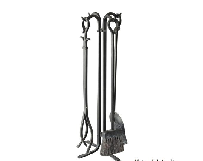 Set of Three Vintage French Country Black Iron Fireplace Tools Plus Poker Tool