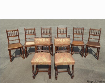 Set Eight Antique Vintage Ornate Spanish Style Dining Room Chairs w Cane Seats