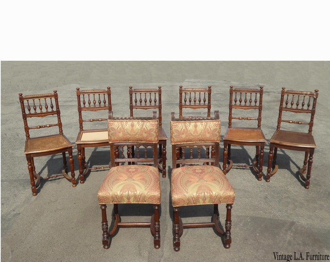 Set Eight Antique Vintage Ornate Spanish Style Dining Room Chairs w Cane Seats