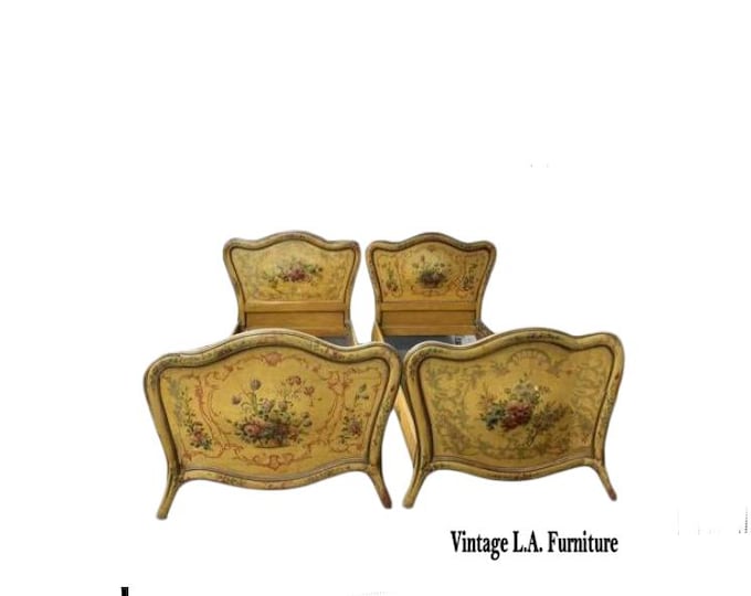 Pair Antique Gold Hand Painted Italian French Twin Bed Frames Headboards Made in Italy