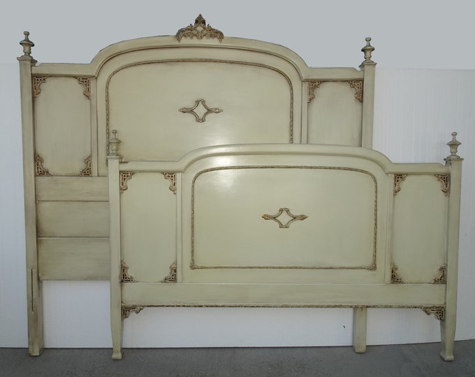 Vintage French Country Off White Full Bed Frame Headboard & Footboard