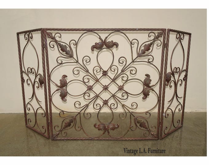 Vintage Three Panel Brown Metal Fireplace Screen Scrolls & Flourishes