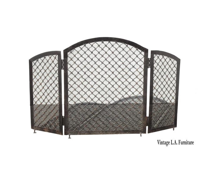 Vintage Spanish Style Ornate Wrought Iron Black Fireplace Screen