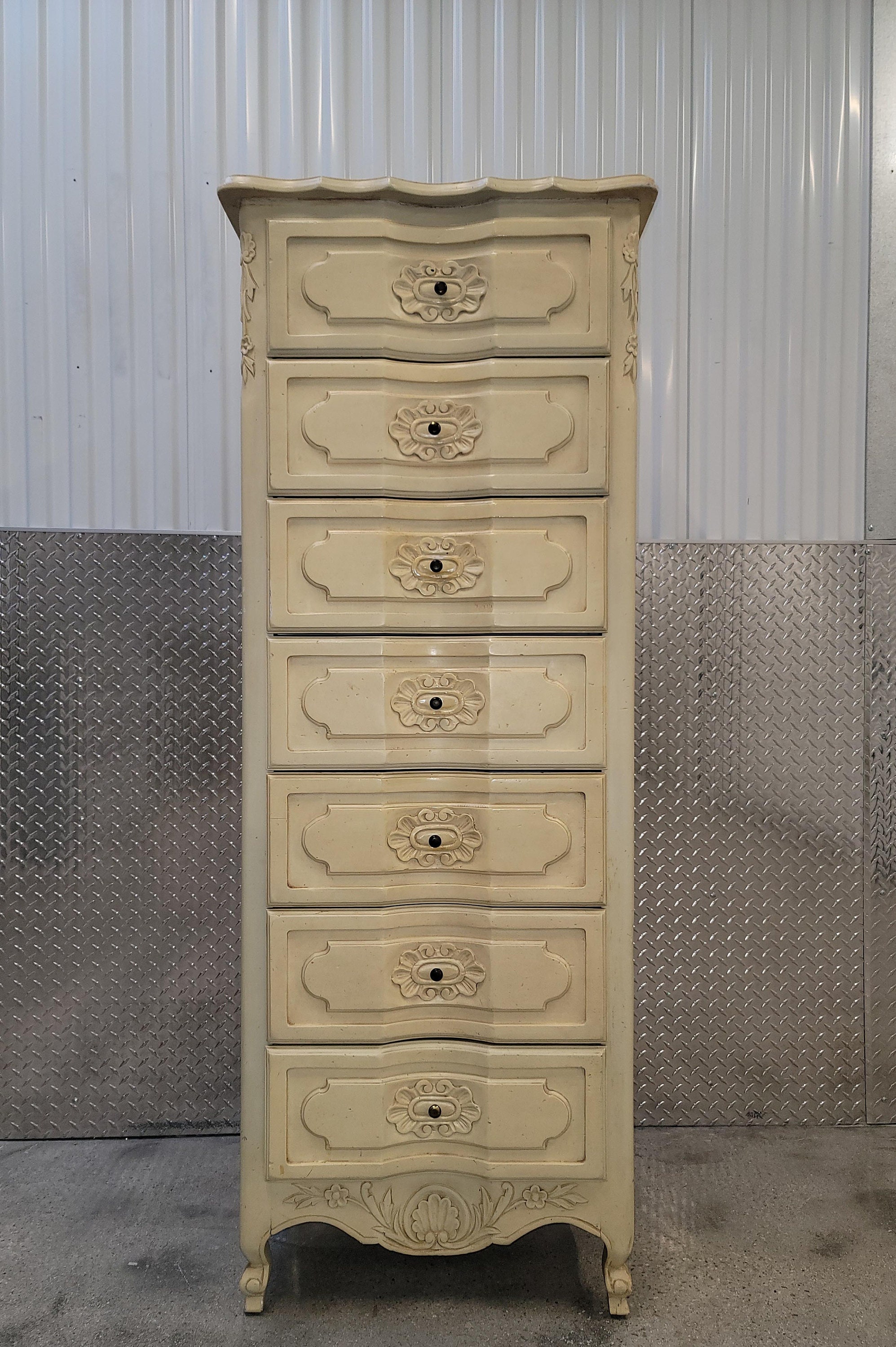 Vintage French Country Tallboy Dresser w Brass Hardware by Wellesley Guild