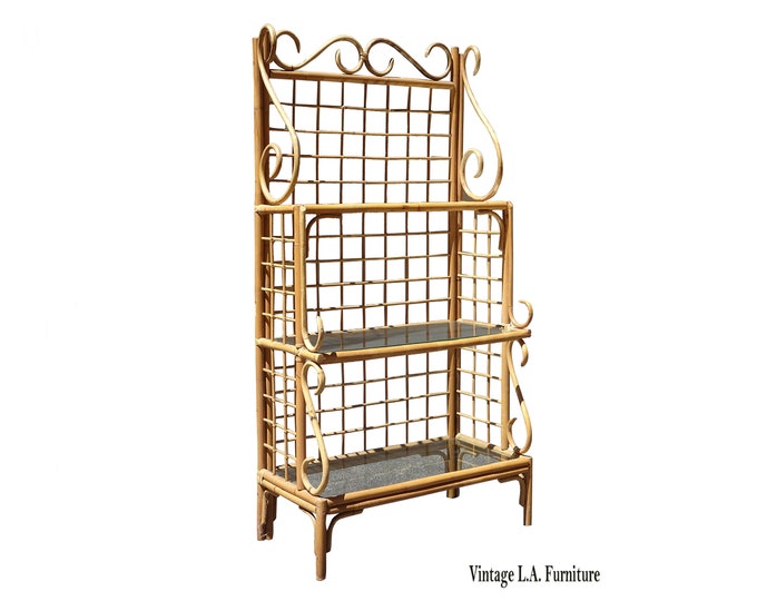 Vintage Bamboo Etagere Three Shelf Glass Bookcase ~ Mid Century Modern