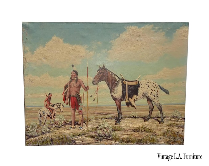 Vtg American Indians w Horses Oil Painting Picture signed w Horse Monogram Fabri