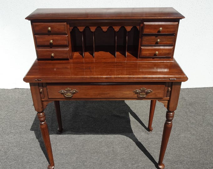 LH35 Vintage Ethan Allen Drop Front Writing Desk with 7 Drawers and Mail Slots