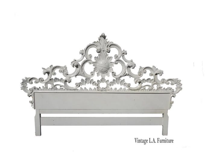 Vintage French Louis XVI Style Rococo White King Headboard Scrolls & Flourishes
