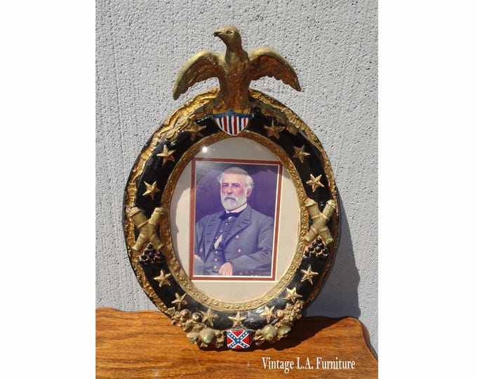 Vintage Picture w British Gentleman w Ceramic Frame,  Eagle Motif & British Flag