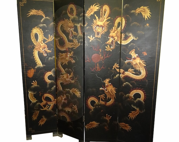 Vintage Oriental Asian Black & Gold Four Panel Screen Room Divider ~ Dragons