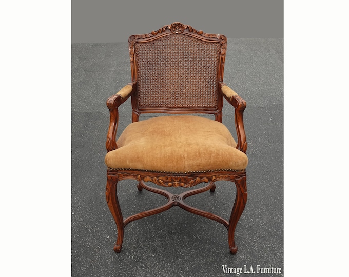 Vintage French Provincial Ornately Carved Gold Accent Cane Chair Made in Spain