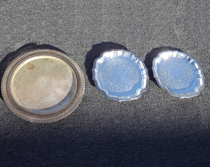 Vintage Rustic Silver Plated Platter 1772 w Pair Matching Serving Trays