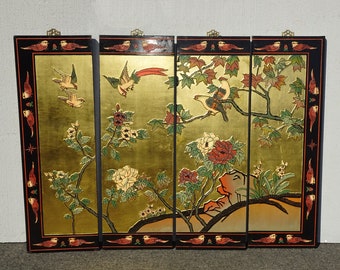 Unique Vintage Gold Oriental Asian Four Panel Wall Screen Picture Birds Flowers