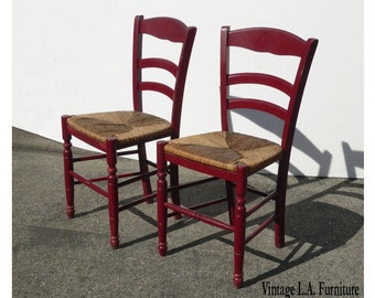 Pair of Vintage French Country Rush Seat Red Side Chairs