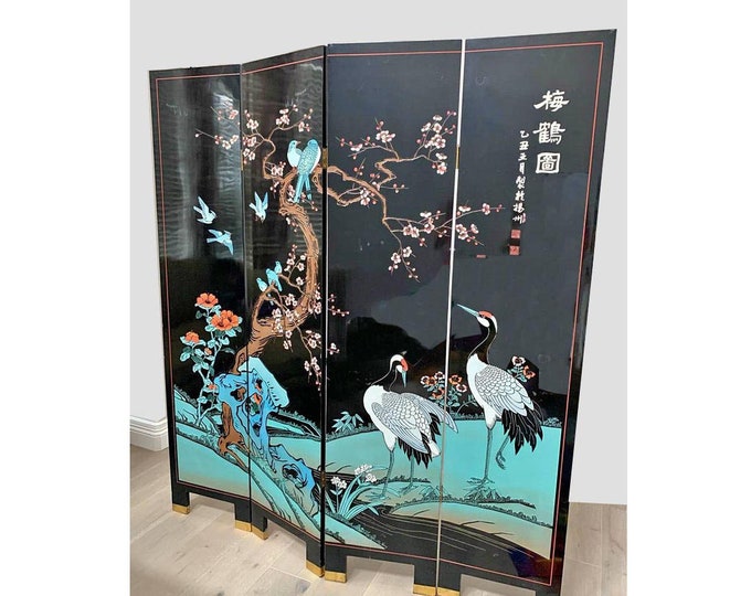 Vintage Coromandel Oriental Asian Four Panel Screen Blue Room Divider w Crane