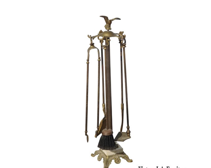 Vintage Brass Fireplace Tools with Eagle Motif and Marble Base ~ French Country