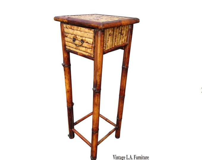 Vintage French Counry Bamboo Rattan Plant Stand ~ Side Table with a Drawer