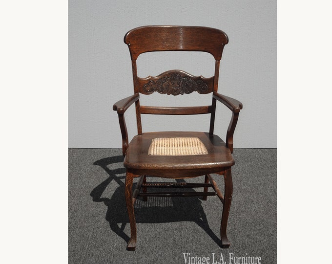 Vintage French Country Brown Oak Side Chair w Cane Seat and Carved Backrest