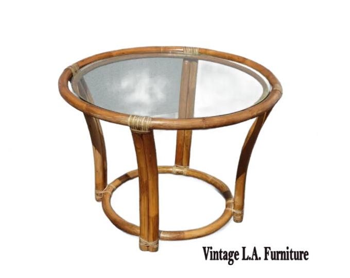 VIntage McGuire Furniture Bamboo Rattan Glasstop Round End Table LH18