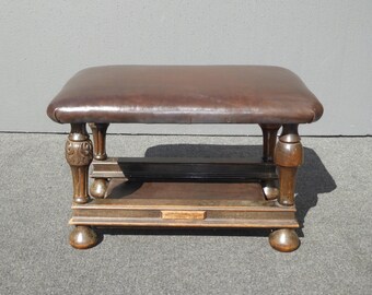 Antique Victorian Style Brown Leather & Carved Wood Bench Foot Stool Ottoman