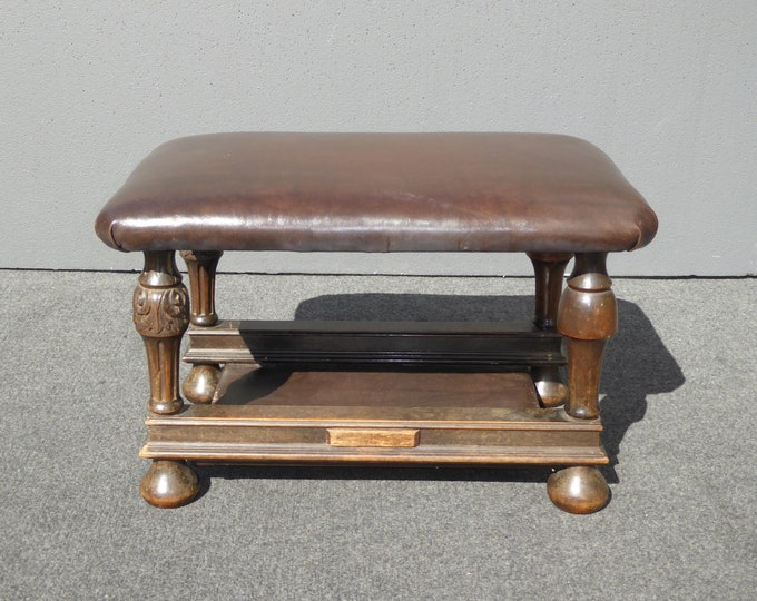 Antique Victorian Style Brown Leather & Carved Wood Bench Foot Stool Ottoman
