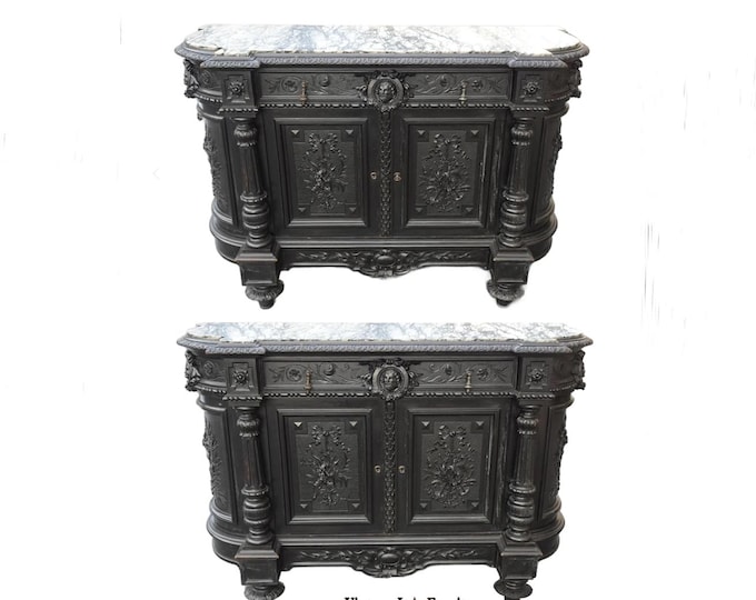 Pair Antique French Renaissance Ebonized Baroque Marble Sideboards Buffet France