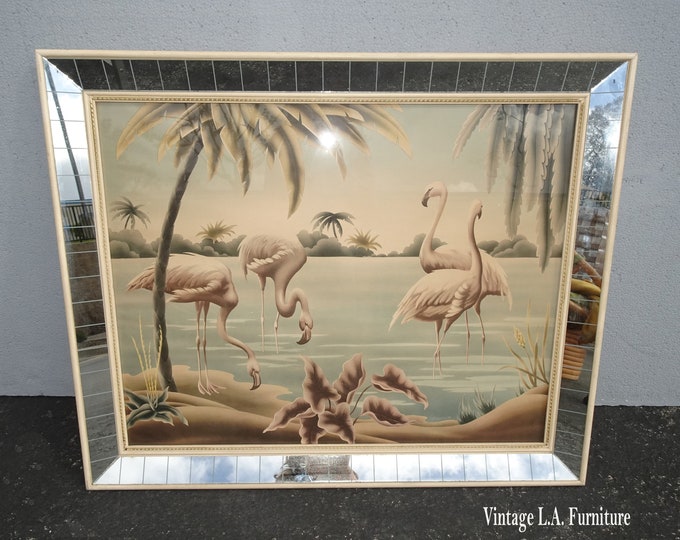 Vintage Turner Print w Pink Flamingos Wall Decor Picture w Mirrored Frame