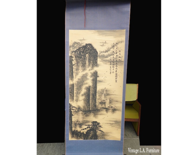 Vintage Original Signed Scroll Painting ~ Japanese Mountains & Fishing Boats