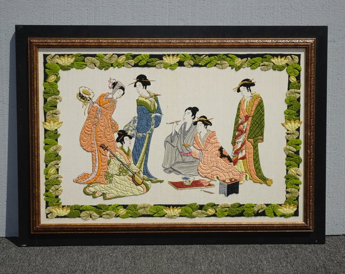Vintage Five Oriental Asian Women Musical Scene Embroidered Picture Wall Hanging