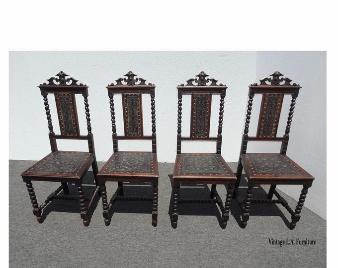 Set of Four Embossed Leather Barley Twist Carved Chairs ~ Spanish Style
