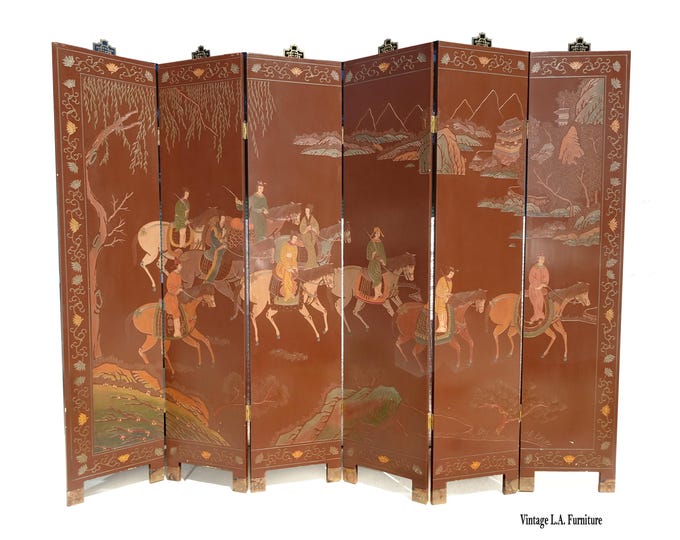 Oriental Asian Six Panel Screen Room Divider ~ Caravan of Men & Women on Horses
