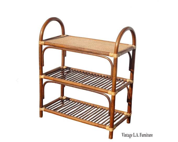 Vintage Three Tier Coastal Bamboo Rattan Stand Golden Brown Side Table Bookcase
