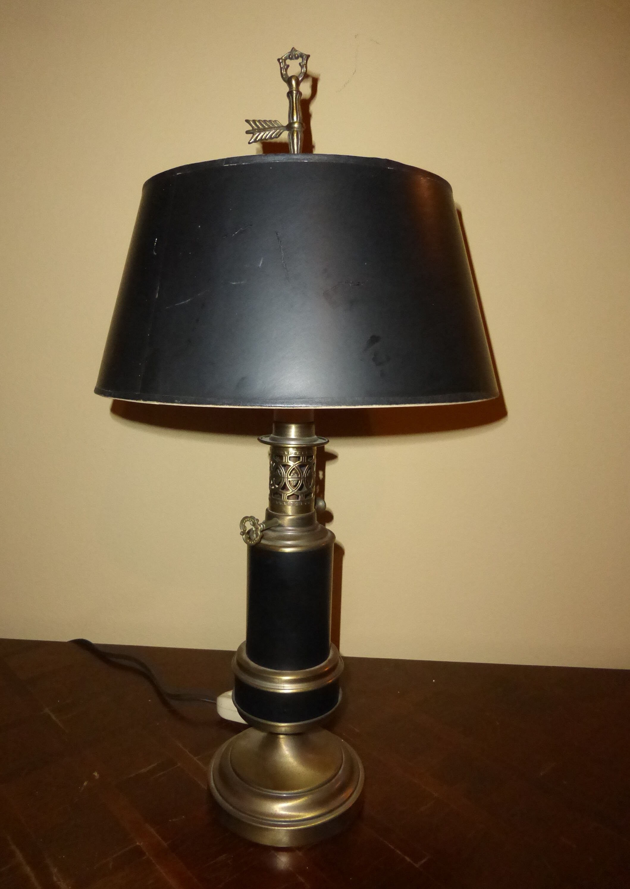 Vintage Table Lamp w Brass Finial and Black Shade French