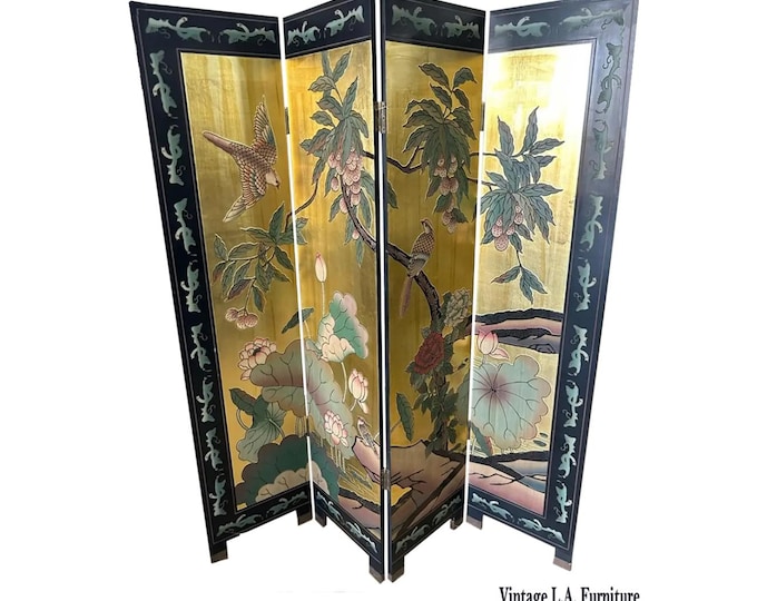 Vintage Asian Gold Four Panel Screen Room Divider Coromandel w Garden & Birds