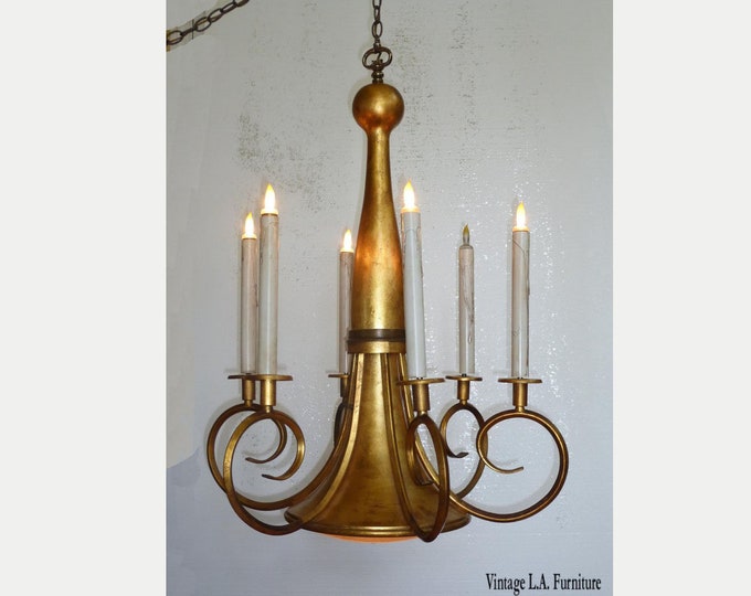 Large 38"Tallx24" Vintage Hollywood Regency Six Swag Light Gold Chandelier Trumpet Style