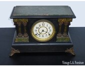 Gorgeous Vintage Shelf Mantel Clock w Brass Hardware Green Faux Marble