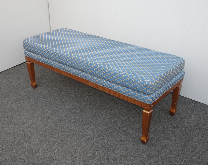 Vintage French Country Gold Bench w Blue Diamonds Fabric~ Hollywood Regency 1of2