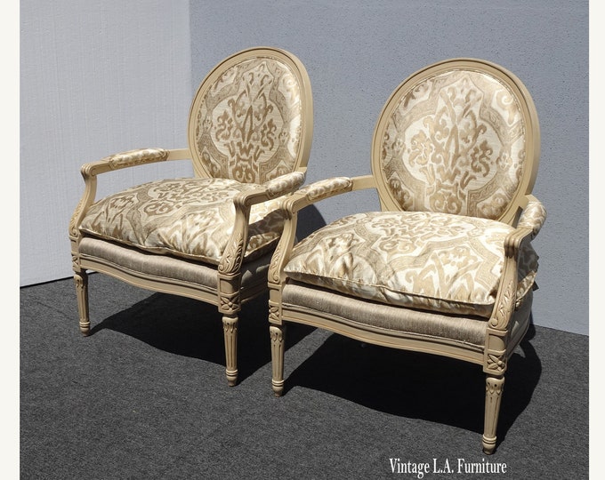 Pair Classic Henredon Silk Down Accent Chairs Large French Louis XVI Bergere